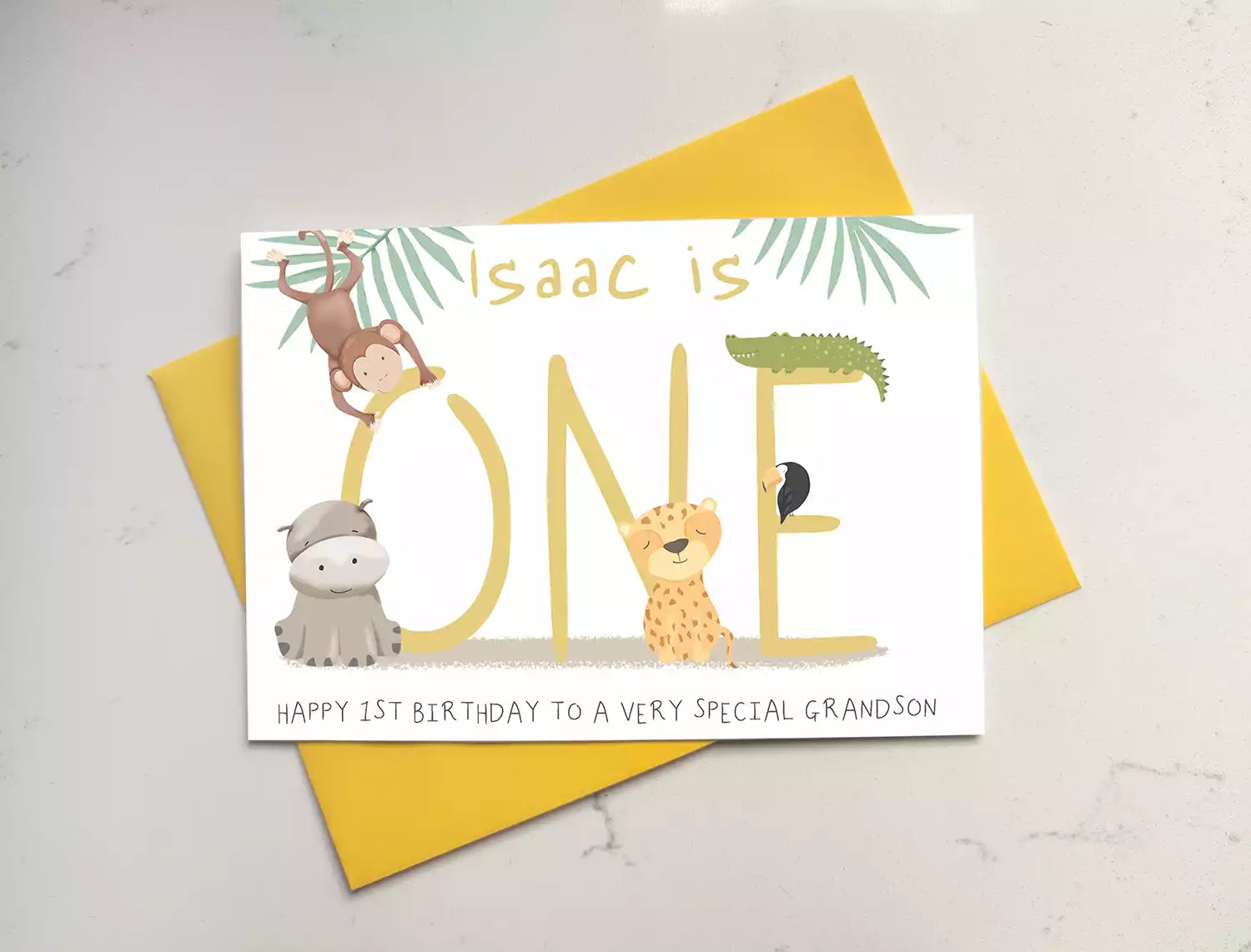 jungle themed 1st birthday card, personalised with name and who it's from.