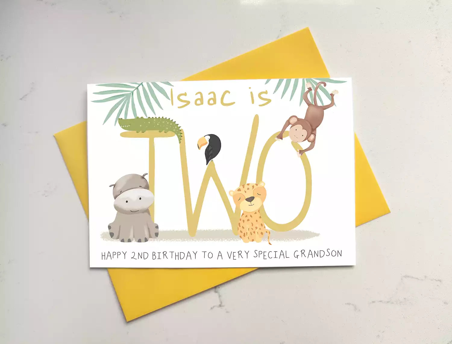 jungle themed 2nd birthday card, personalised with name and who it's from.
