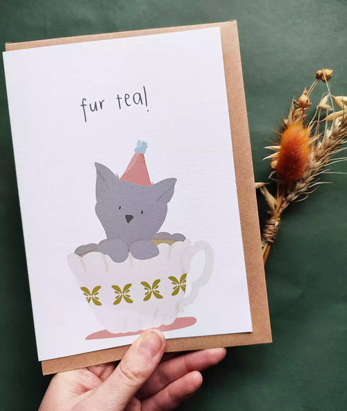 30th birthday card with cat in a teacup. Pun caption reads 'fur tea!'