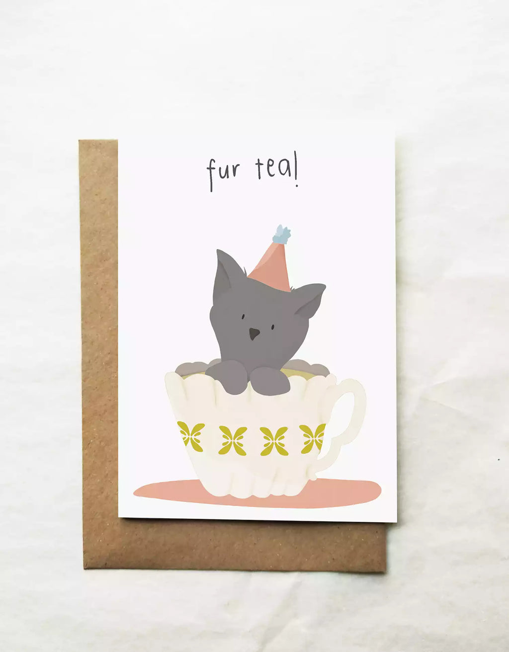 30th birthday card with cat in a teacup. Pun caption reads 'fur tea!'