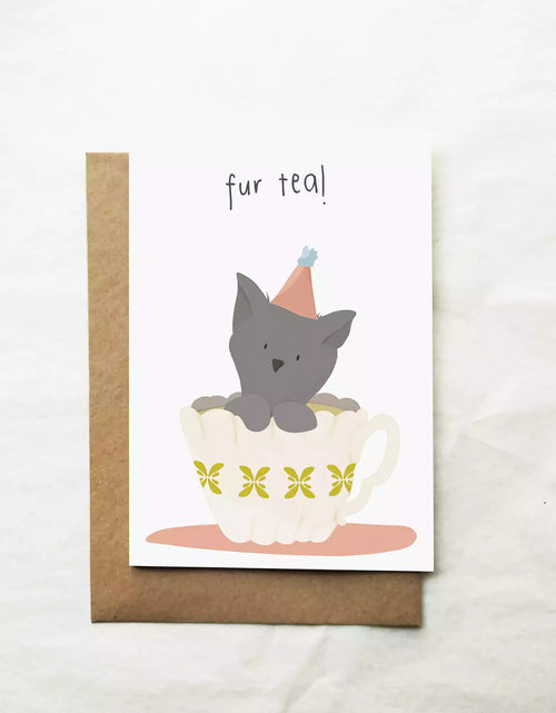 30th birthday card with cat in a teacup. Pun caption reads 'fur tea!'