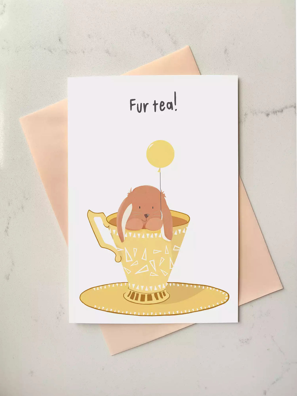 30th birthday card with rabbit in a teacup. Pun caption reads 'fur tea!'