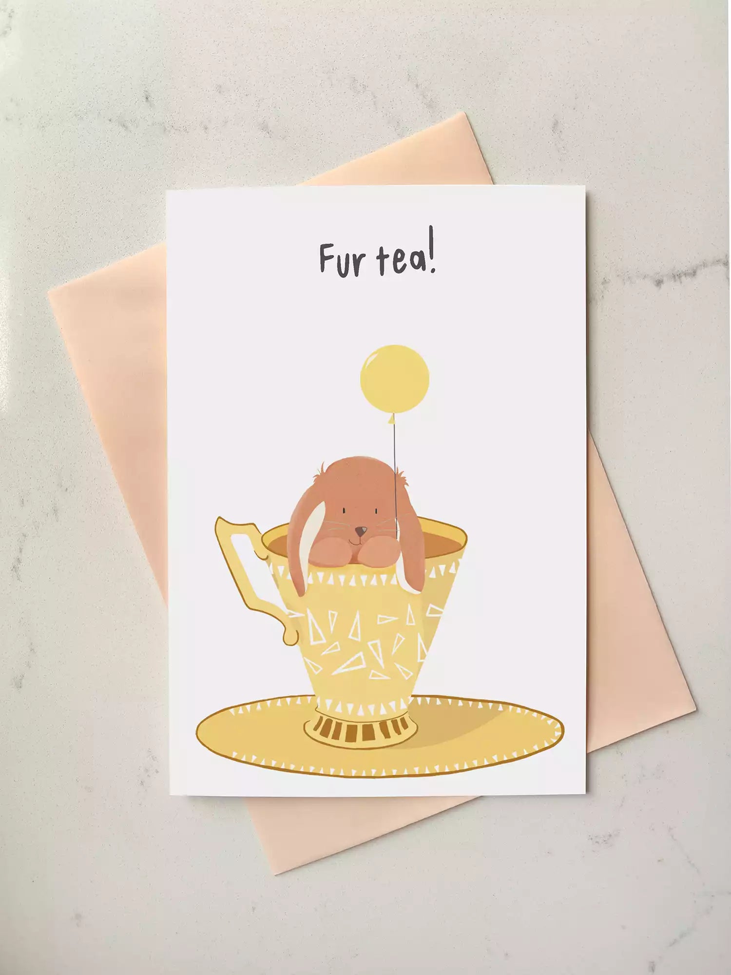 30th birthday card with rabbit in a teacup. Pun caption reads 'fur tea!'