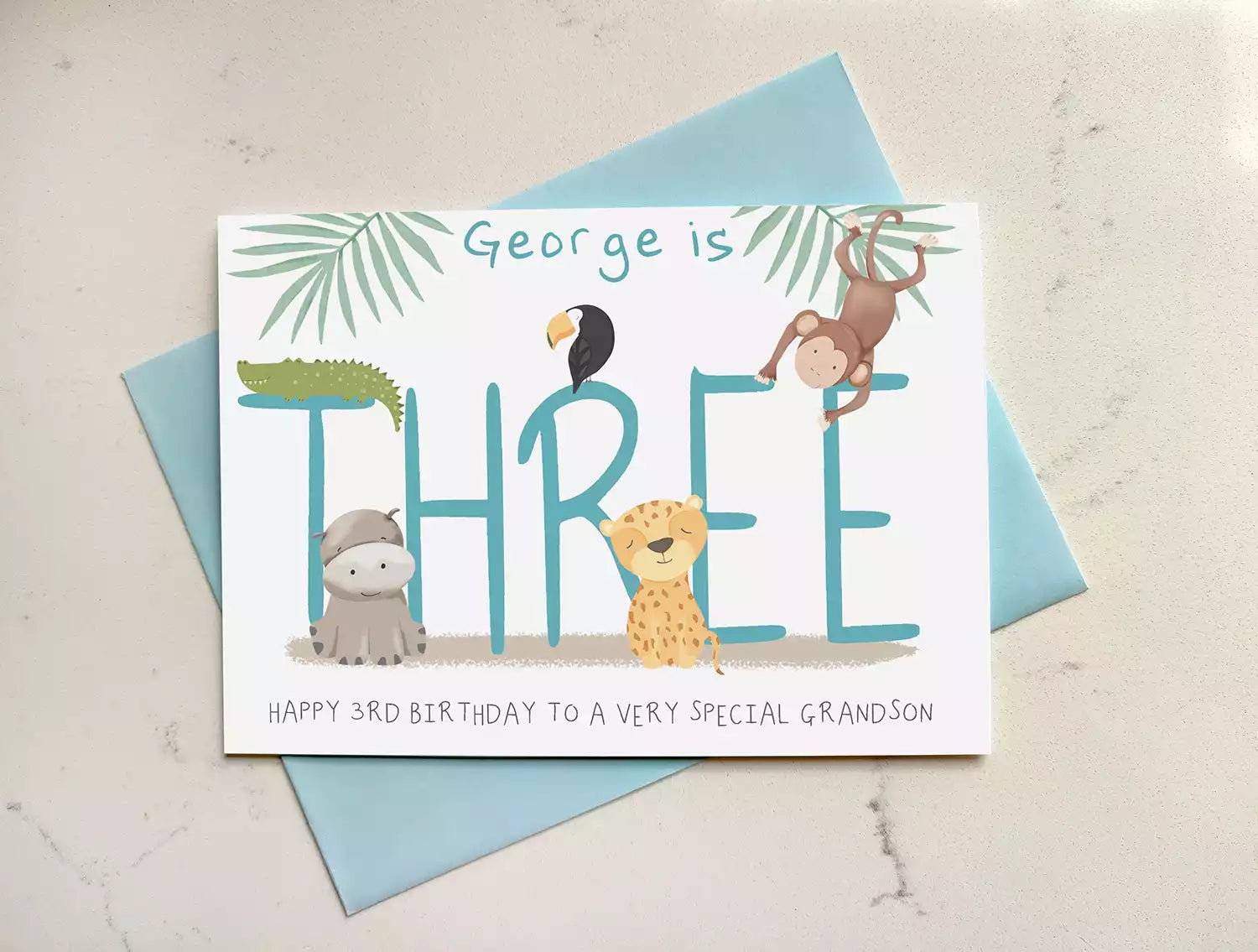 jungle themed 3rd birthday card, personalised with name and who it's from.