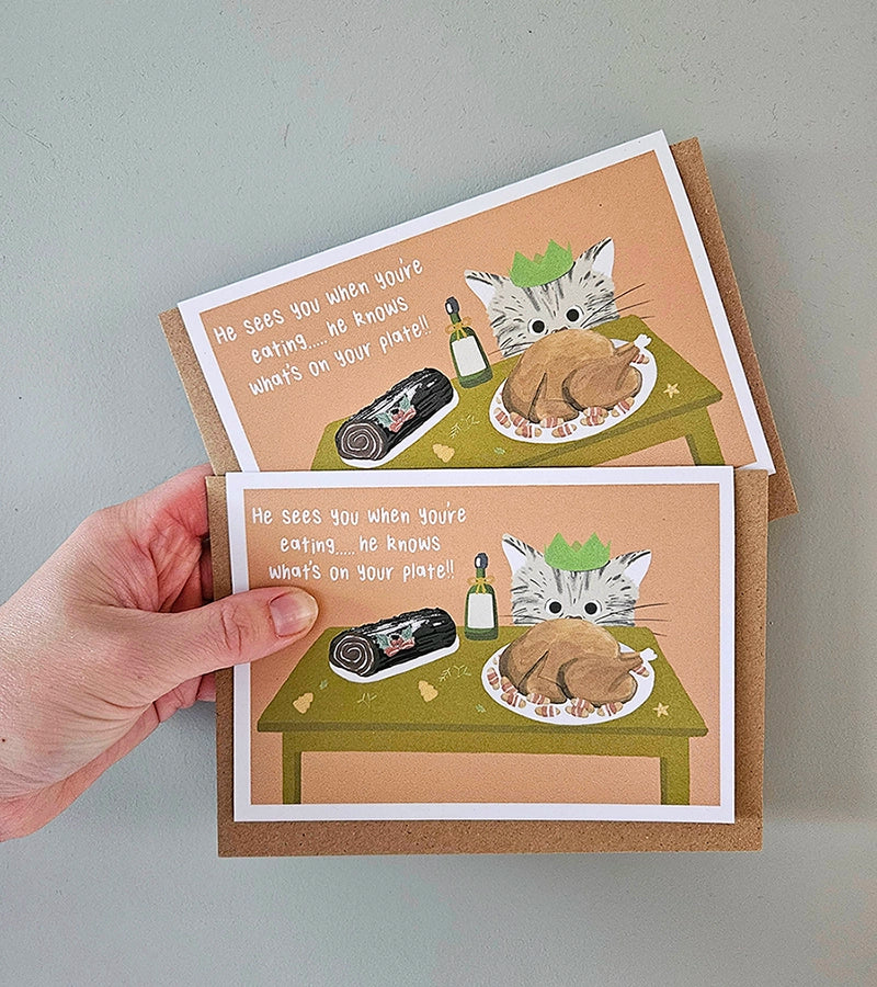 Greedy Cat Christmas Card - Eco Recycled - Lyrics  - Santa Claus Is Coming To Town