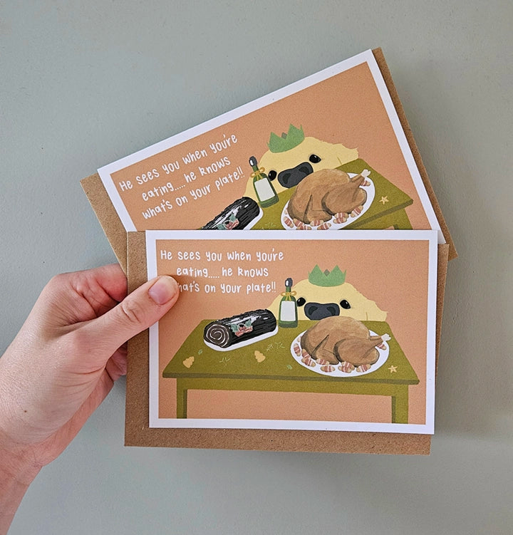 Greedy Dog Christmas Card - Eco Recycled - Lyrics  - Santa Claus Is Coming To Town