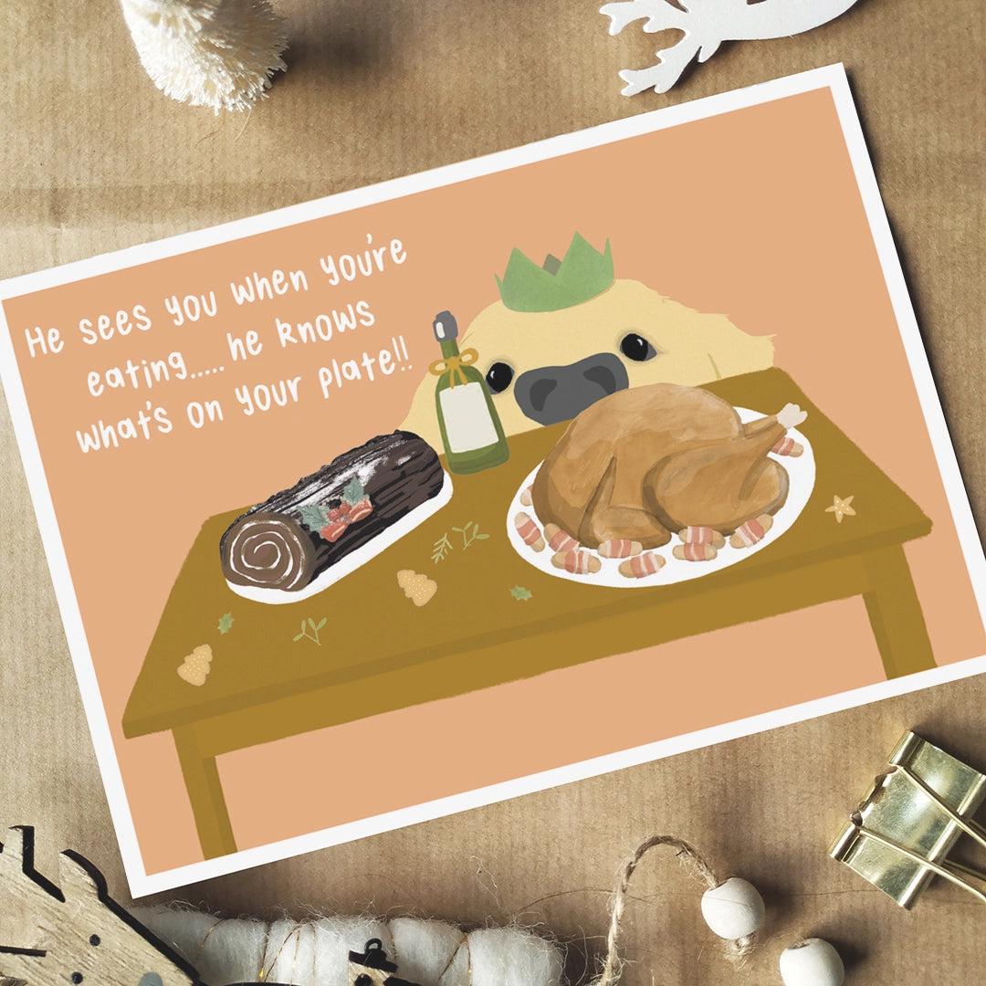 Greedy Dog Christmas Card - Eco Recycled - Lyrics  - Santa Claus Is Coming To Town