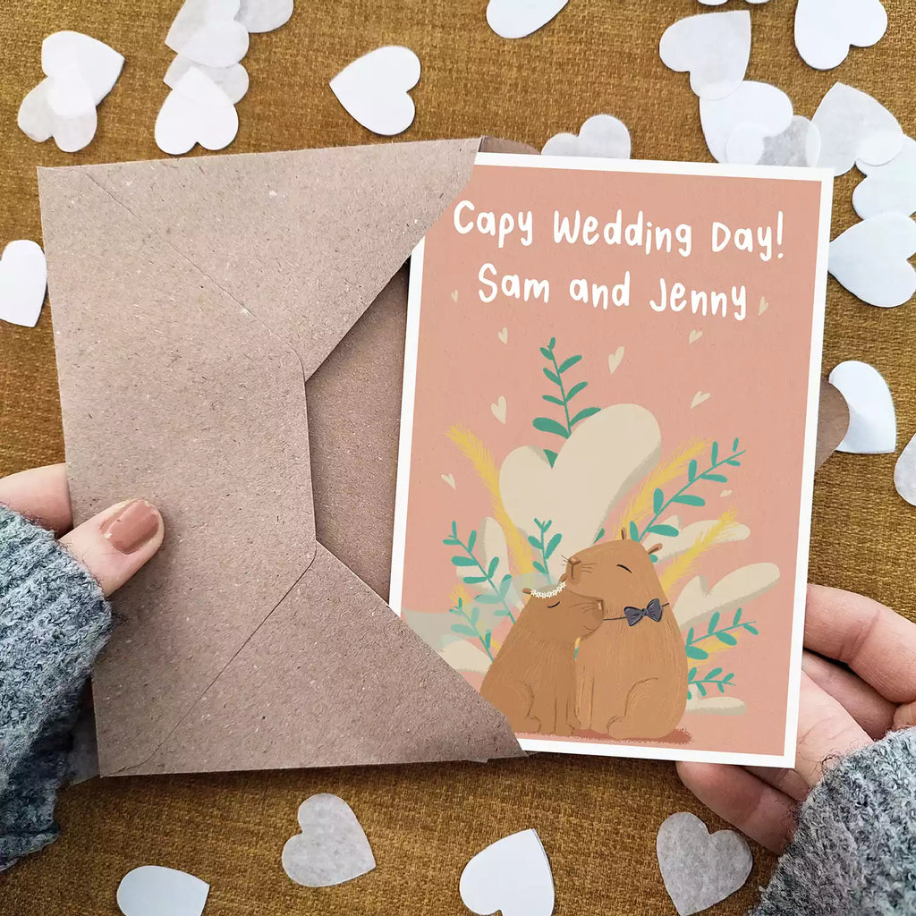 capybara couple wedding card reads 'Capy Wedding Day!' and personalised with names 