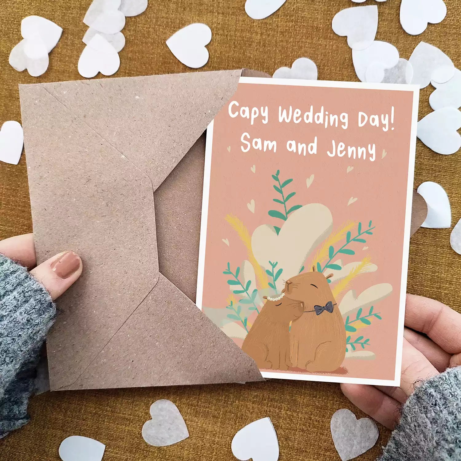 capybara couple wedding card reads 'Capy Wedding Day!' and personalised with names 