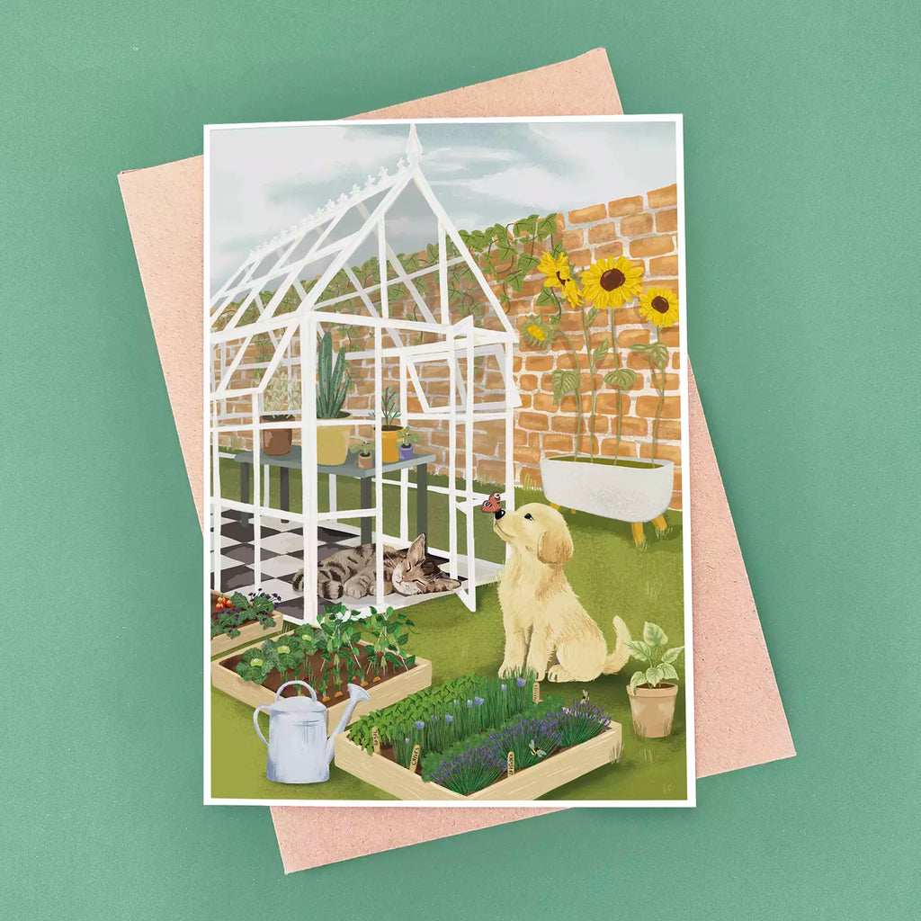 Cat and Dog Garden Card - Vegetables and Herbs - Golden Retriever - Greenhouse