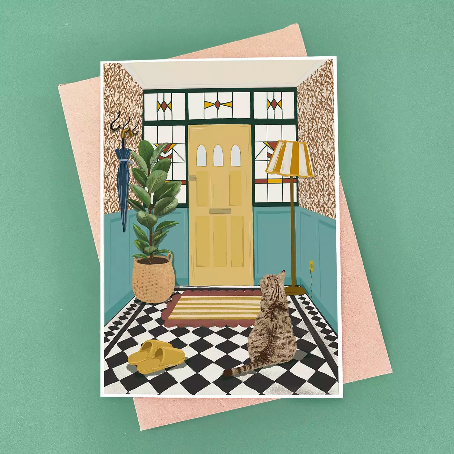 Tabby Cat New Home Card - Period Features - Art Deco - Chequerboard Tiles