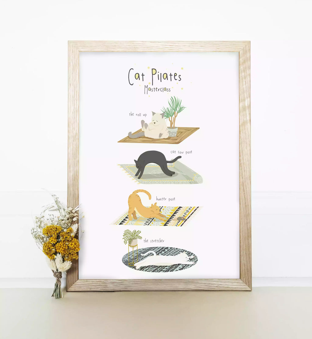 Illustrated print with text 'Cat Pilates Masterclass' and funny cats in different poses, like 'cat cow'.