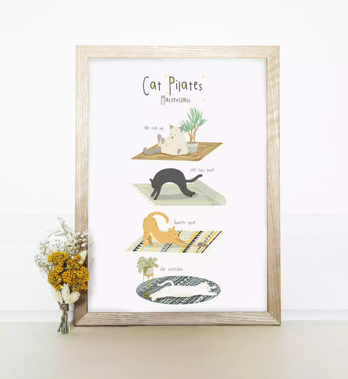 Illustrated print with text 'Cat Pilates Masterclass' and funny cats in different poses, like 'cat cow'.