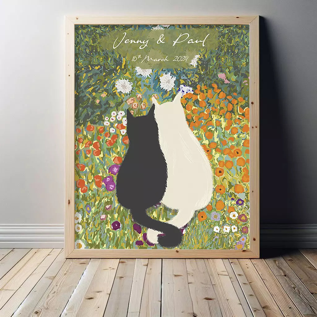custom cat couple print with a floral background. Text includes name and date of couple's wedding