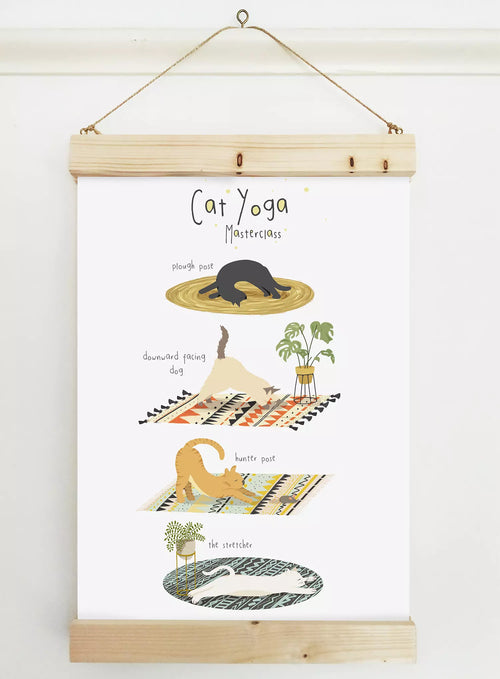 print with text 'Cat Yoga Masterclass', featuring funny cats in poses like 'downward facing dog'.