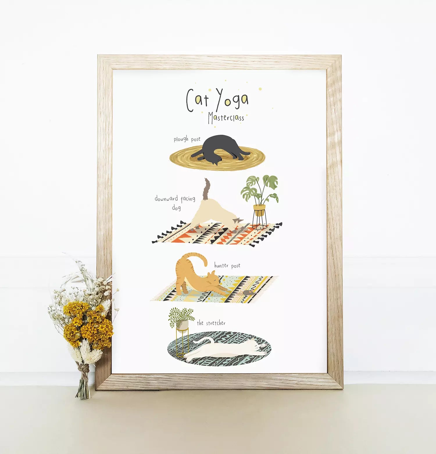 print with text 'Cat Yoga Masterclass', featuring funny cats in poses like 'downward facing dog'.