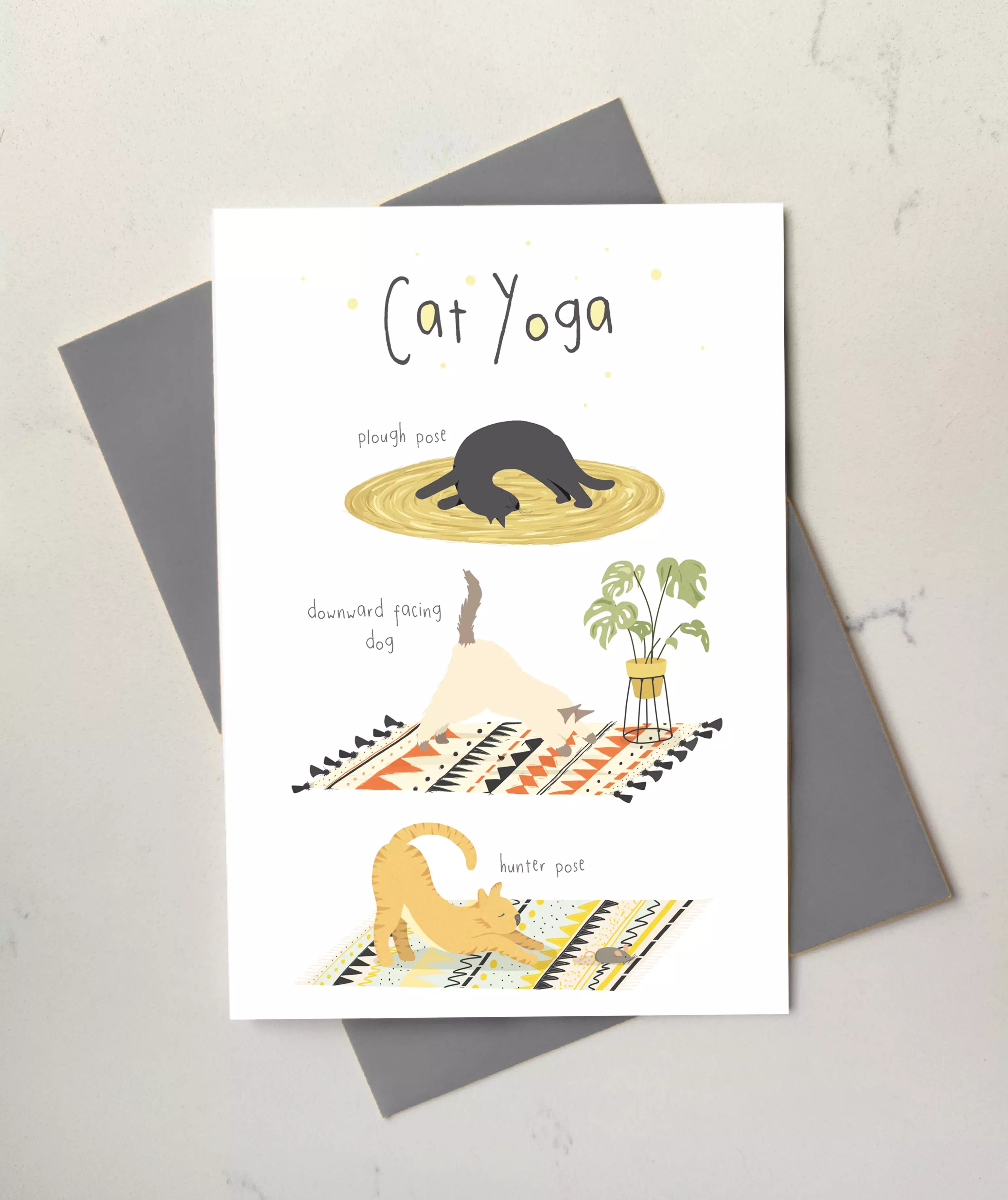 funny Cat Yoga card with poses like plough and downward facing dog