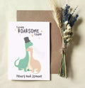 dinosaur wedding card with text 'totally roarsome couple' and personalised with couple's names