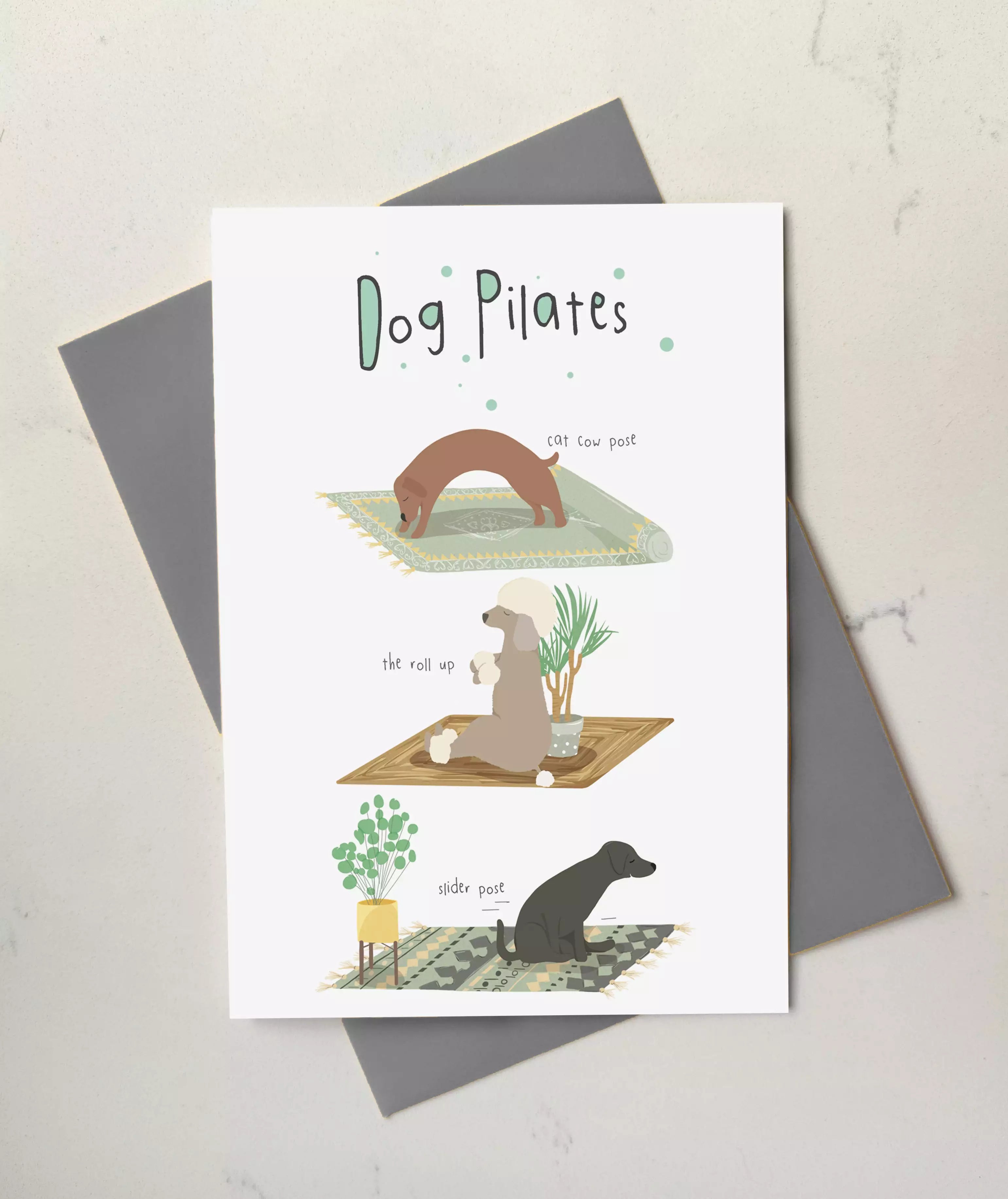 funny dog pilates card with poses like cat cow and roll up