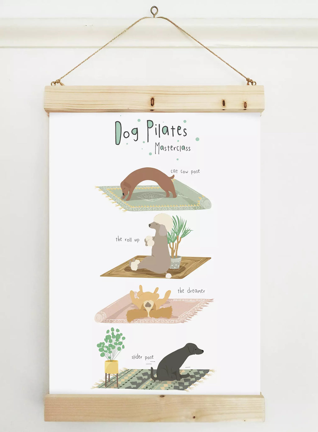 print with text 'Dog Pilates Masterclass' and dog in different poses, like cat cow pose