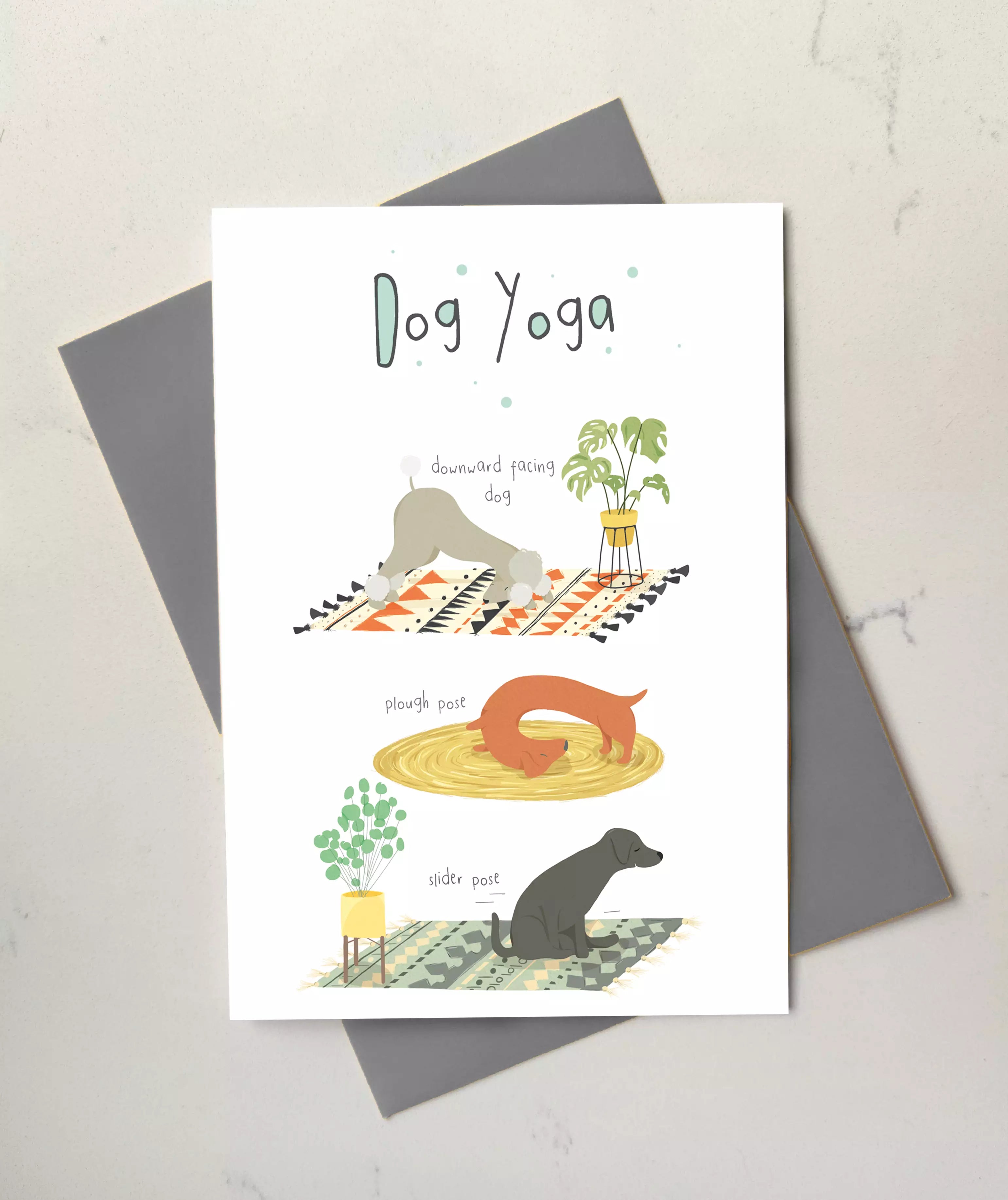 funny dog yoga card with poses like downward facing dog