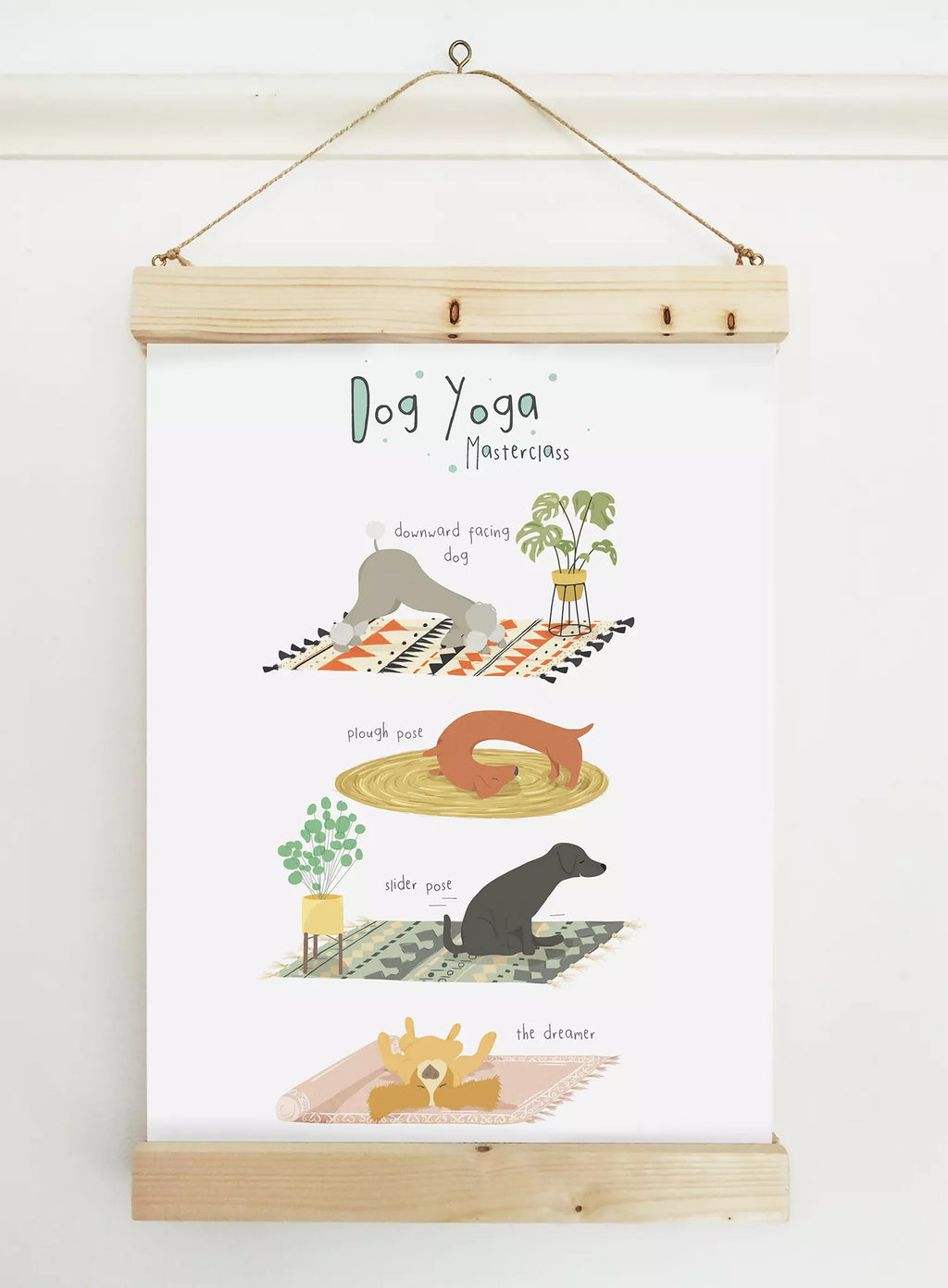 print with text 'Dog Yoga Masterclass' and dog in different poses, like downward facing dog