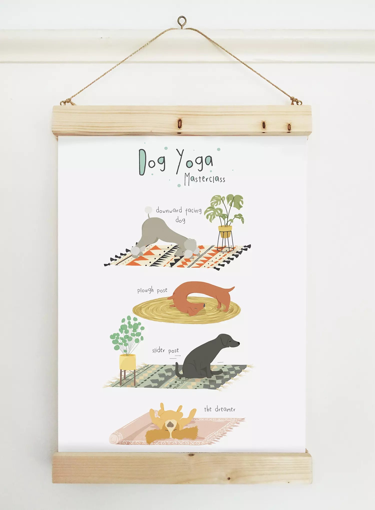 print with text 'Dog Yoga Masterclass' and dog in different poses, like downward facing dog