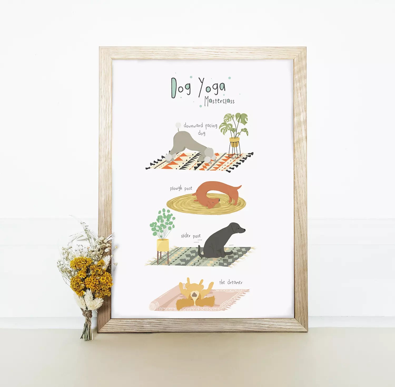 print with text 'Dog Yoga Masterclass' and dog in different poses, like downward facing dog