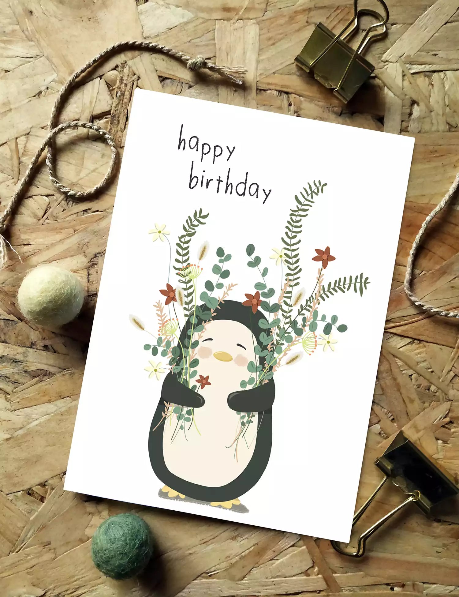 Personalised Penguin Birthday Card - Floral