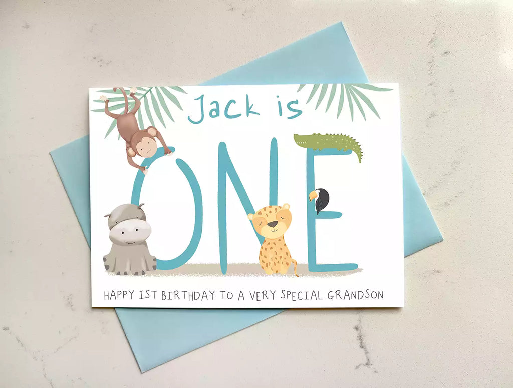 Personalised 1st Birthday Card - Jungle Animals - Daughter - Son