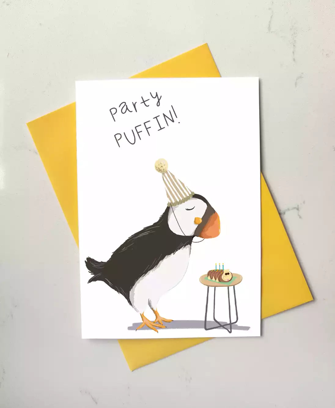 Personalised Party Puffin Birthday Card - Caterpillar Cake