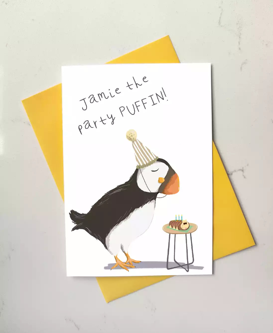 Personalised Party Puffin Birthday Card - Caterpillar Cake