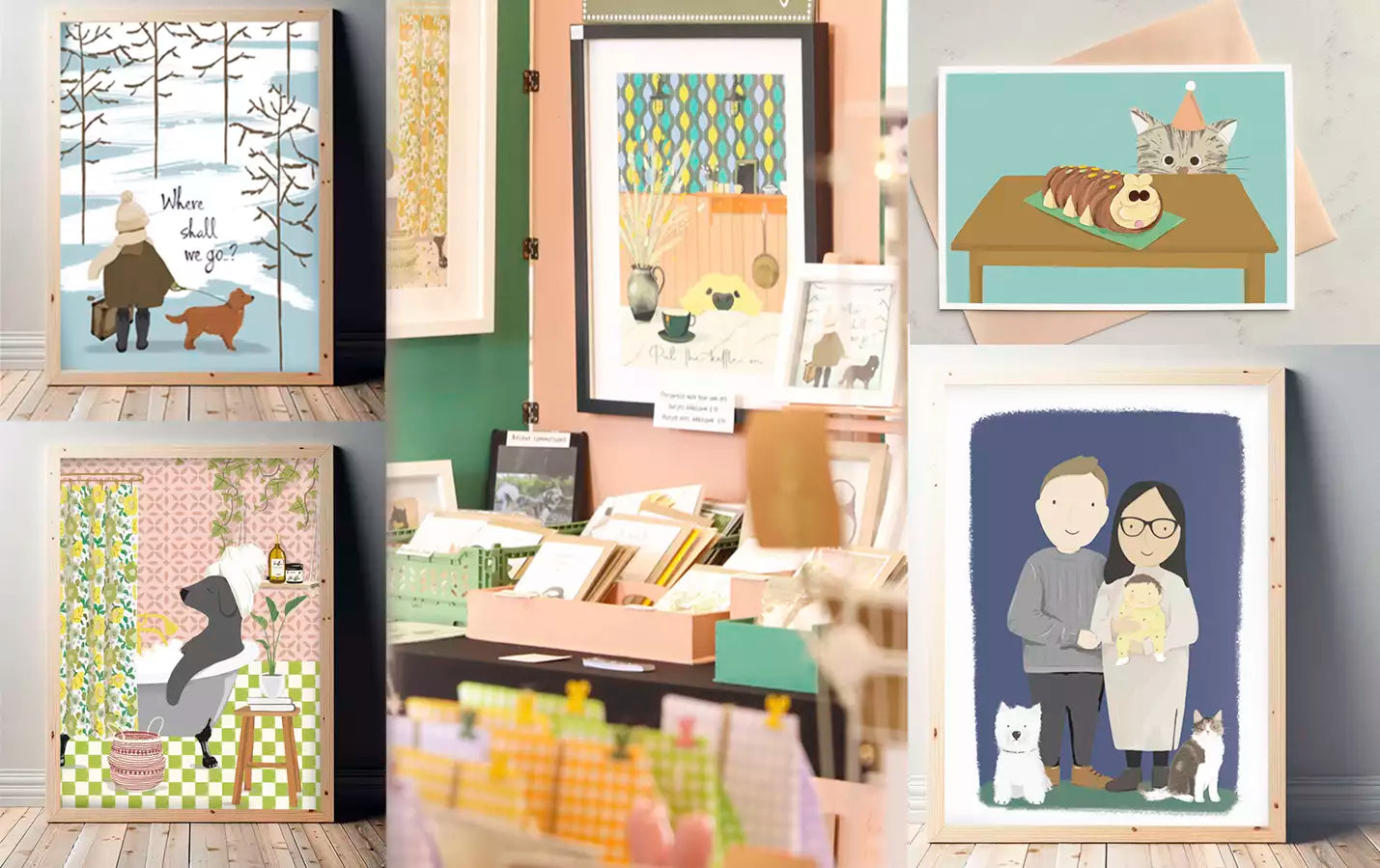 Custom commission prints, from pet portraits to family illustrations