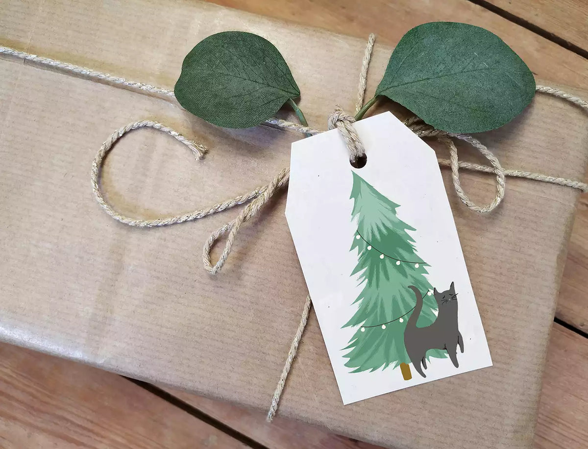 Black Cat Christmas Tags - Handmade Eco Kraft - Pet Tag - Recycled - Set of 6