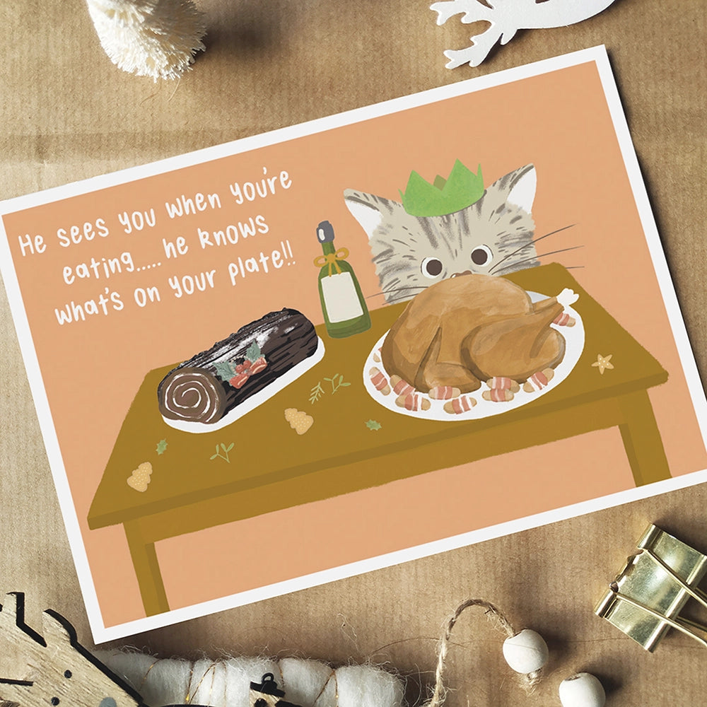 Greedy Cat Christmas Card - Eco Recycled - Lyrics  - Santa Claus Is Coming To Town