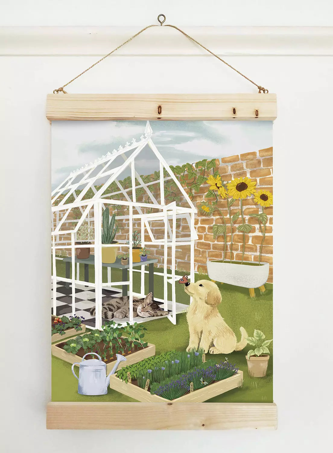 Cat and Dog Garden Print - Vegetables and Herbs - Golden Retriever - Greenhouse