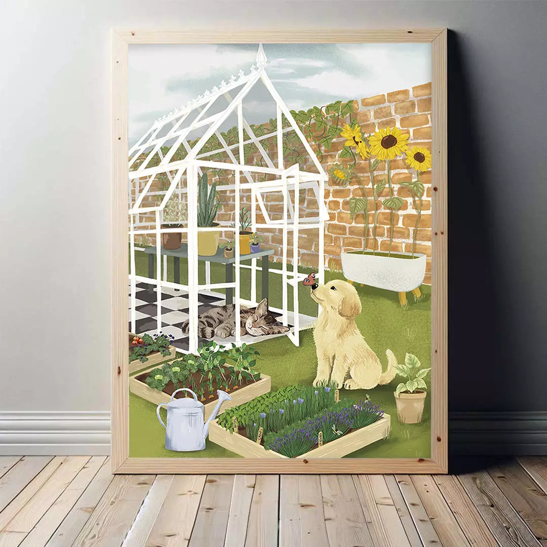 Cat and Dog Garden Print - Vegetables and Herbs - Golden Retriever - Greenhouse