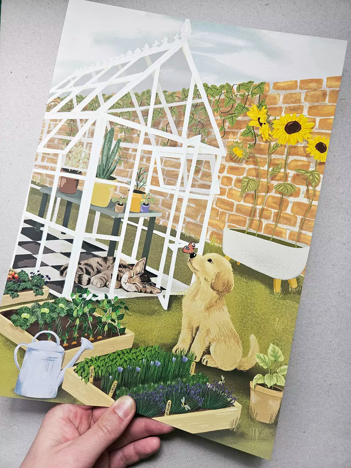 Cat and Dog Garden Print - Vegetables and Herbs - Golden Retriever - Greenhouse