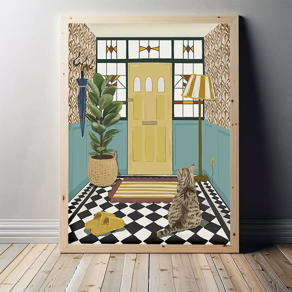 Custom Tabby Cat Entrance Hallway Print - Period Home - Art Deco - Chequerboard Tiles