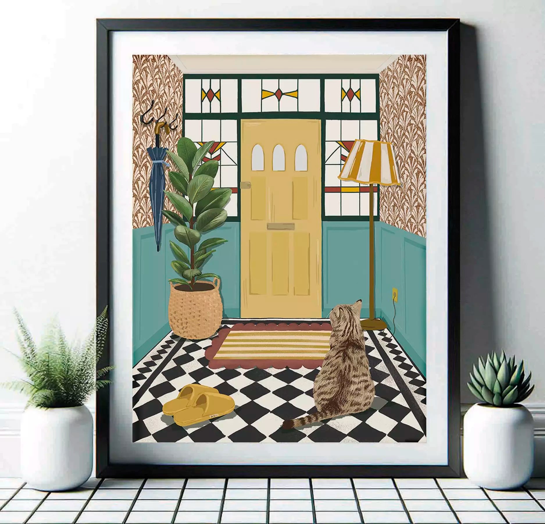 Custom Tabby Cat Entrance Hallway Print - Period Home - Art Deco - Chequerboard Tiles