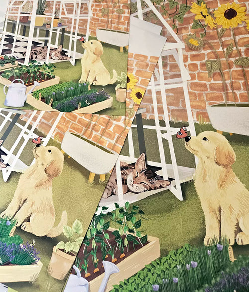 Cat and Dog Garden Print - Vegetables and Herbs - Golden Retriever - Greenhouse
