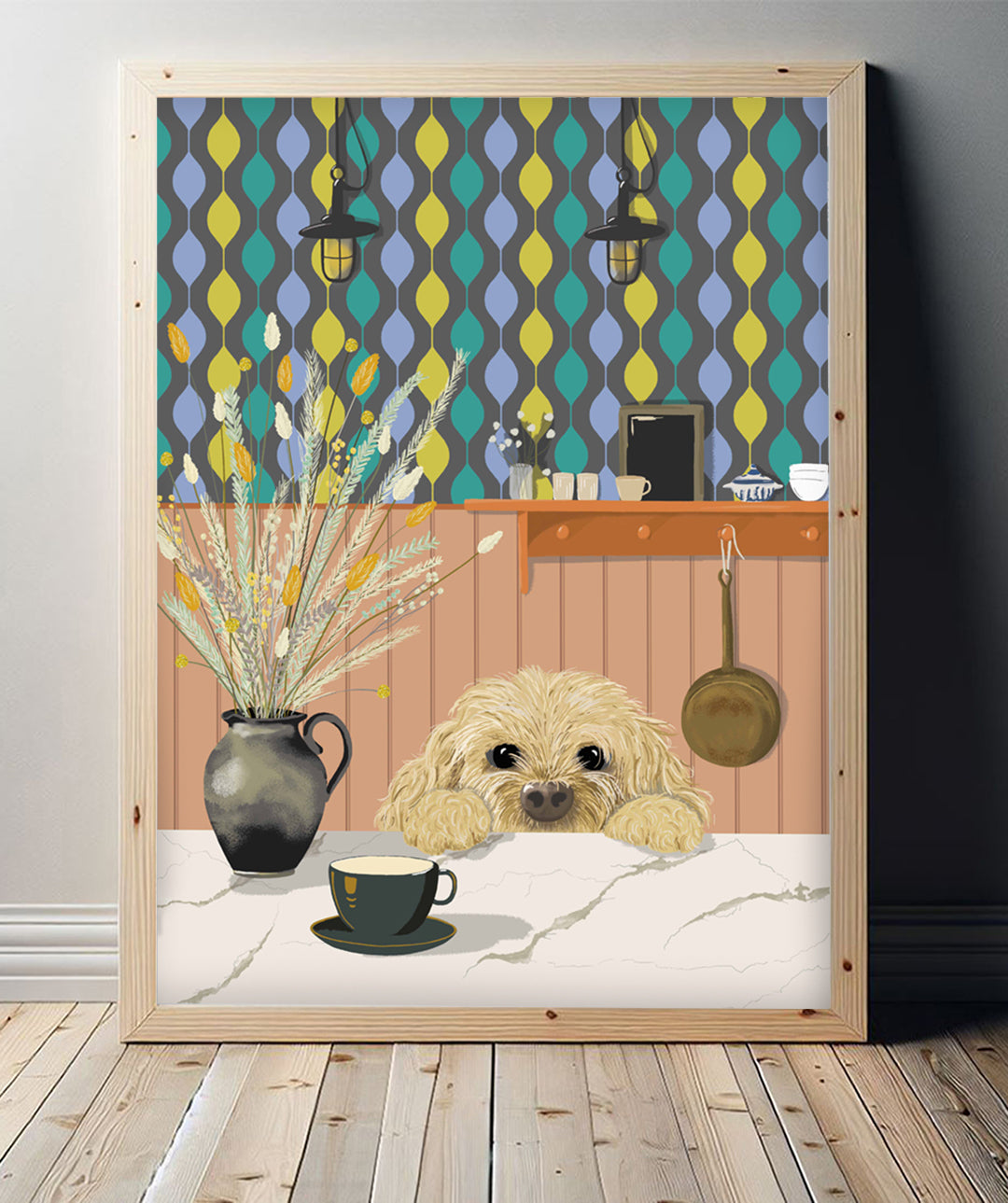 cockerpoo kitchen print, with patterned wallpaper background