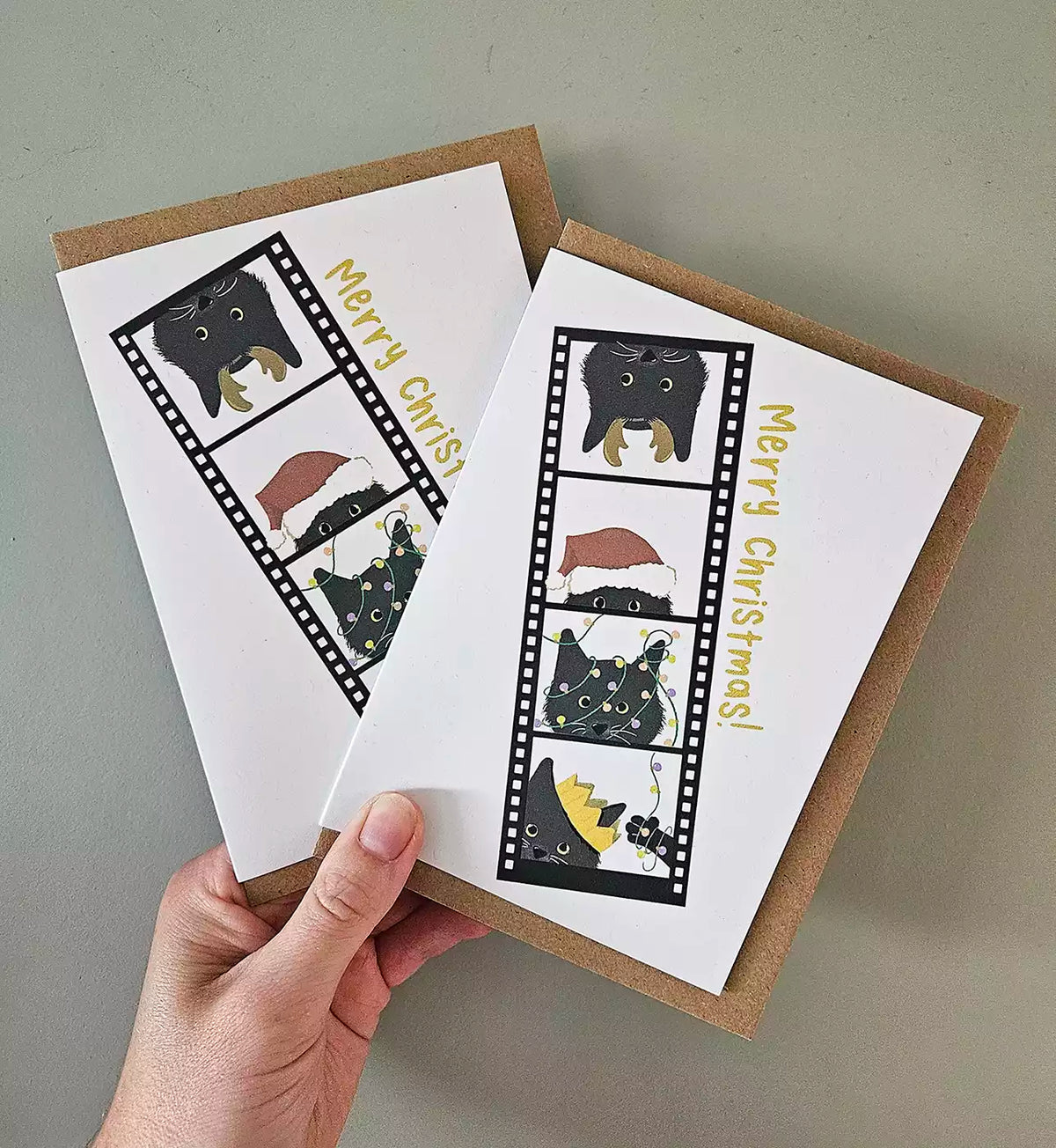 Black Cat Christmas Card - Funny Photo Booth Strip - Eco Recycled - Selfie