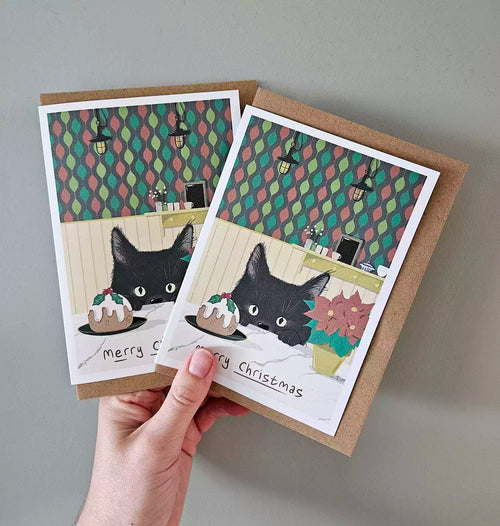 Black Cat Christmas Card - Eco Recycled - Christmas Pudding - Poinsettia