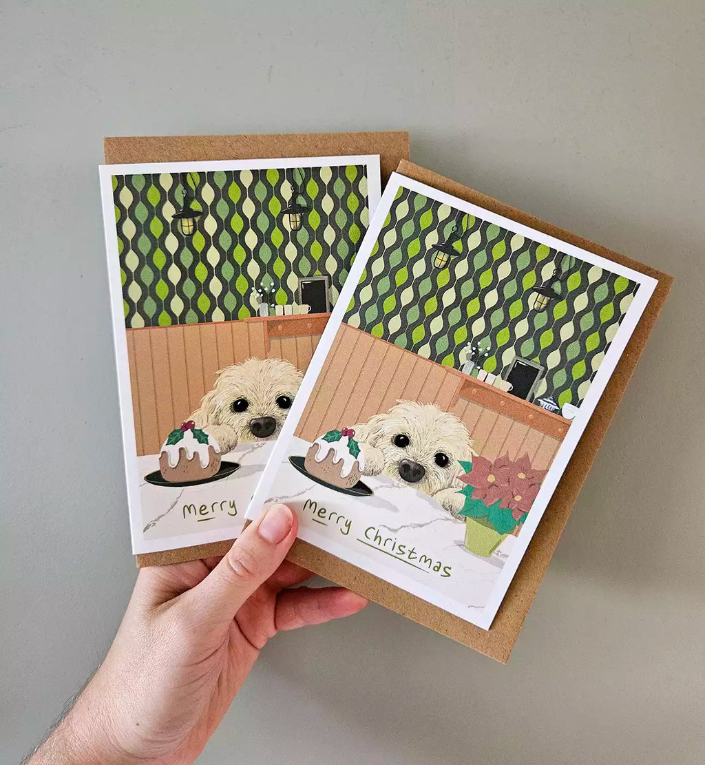 Cockerpoo Dog Christmas Card - Eco Recycled - Christmas Pudding - Poinsettia - Doodle