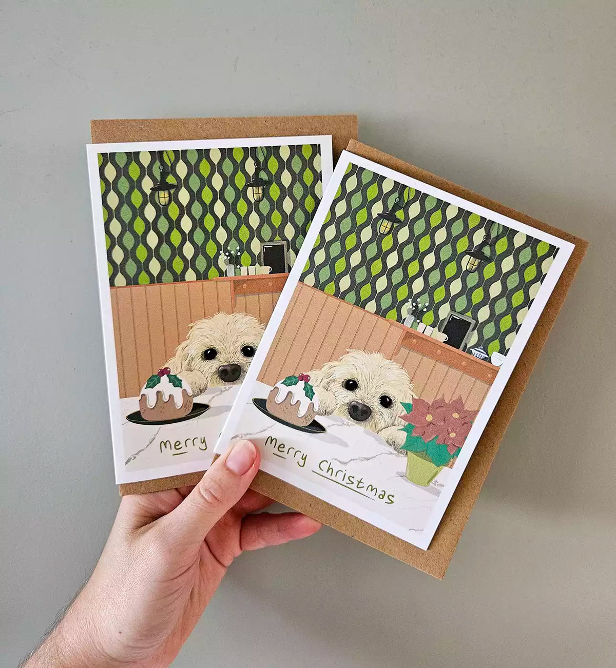 Cockerpoo Dog Christmas Card - Eco Recycled - Christmas Pudding - Poinsettia - Doodle