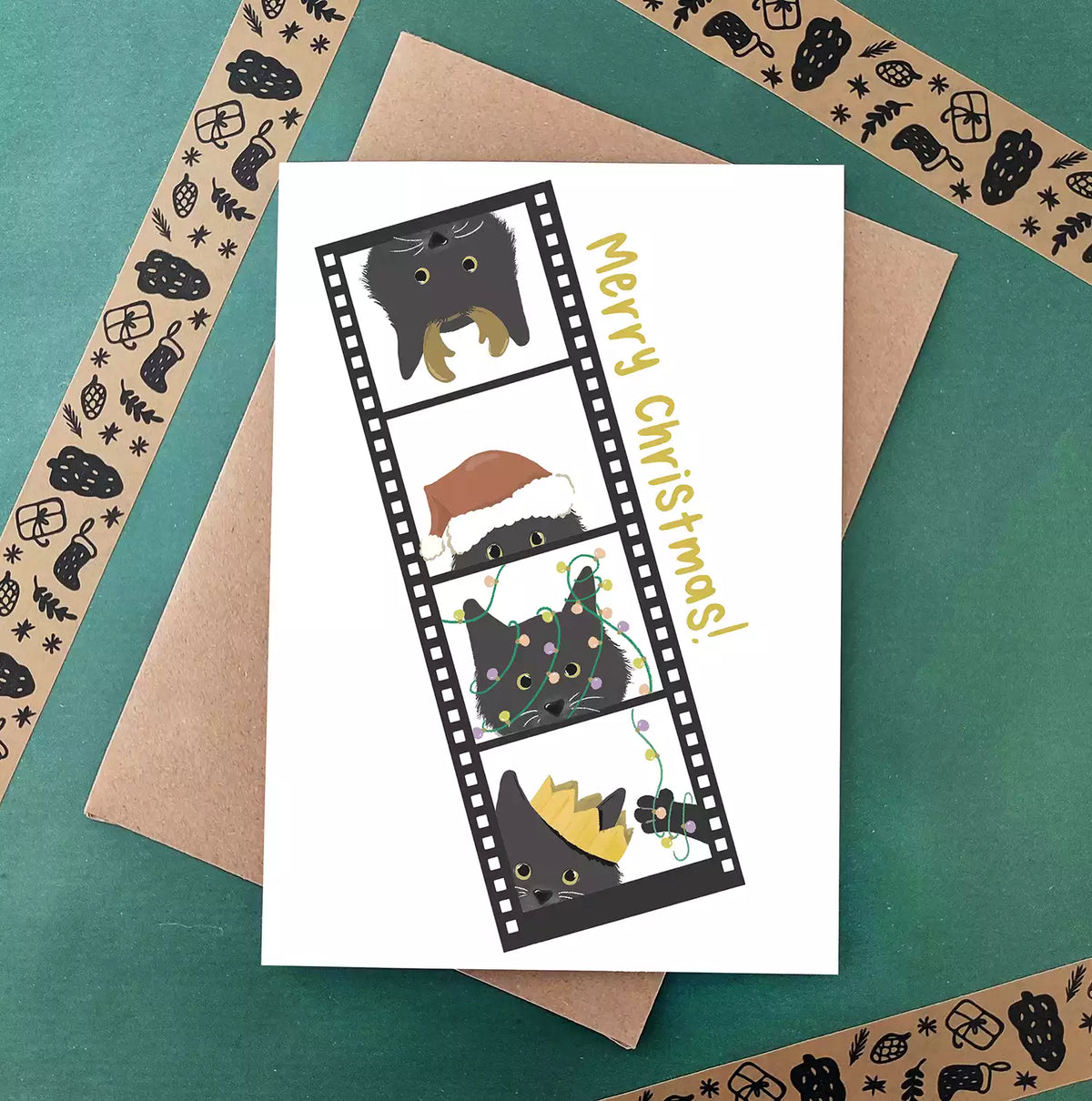 Black Cat Christmas Card - Funny Photo Booth Strip - Eco Recycled - Selfie