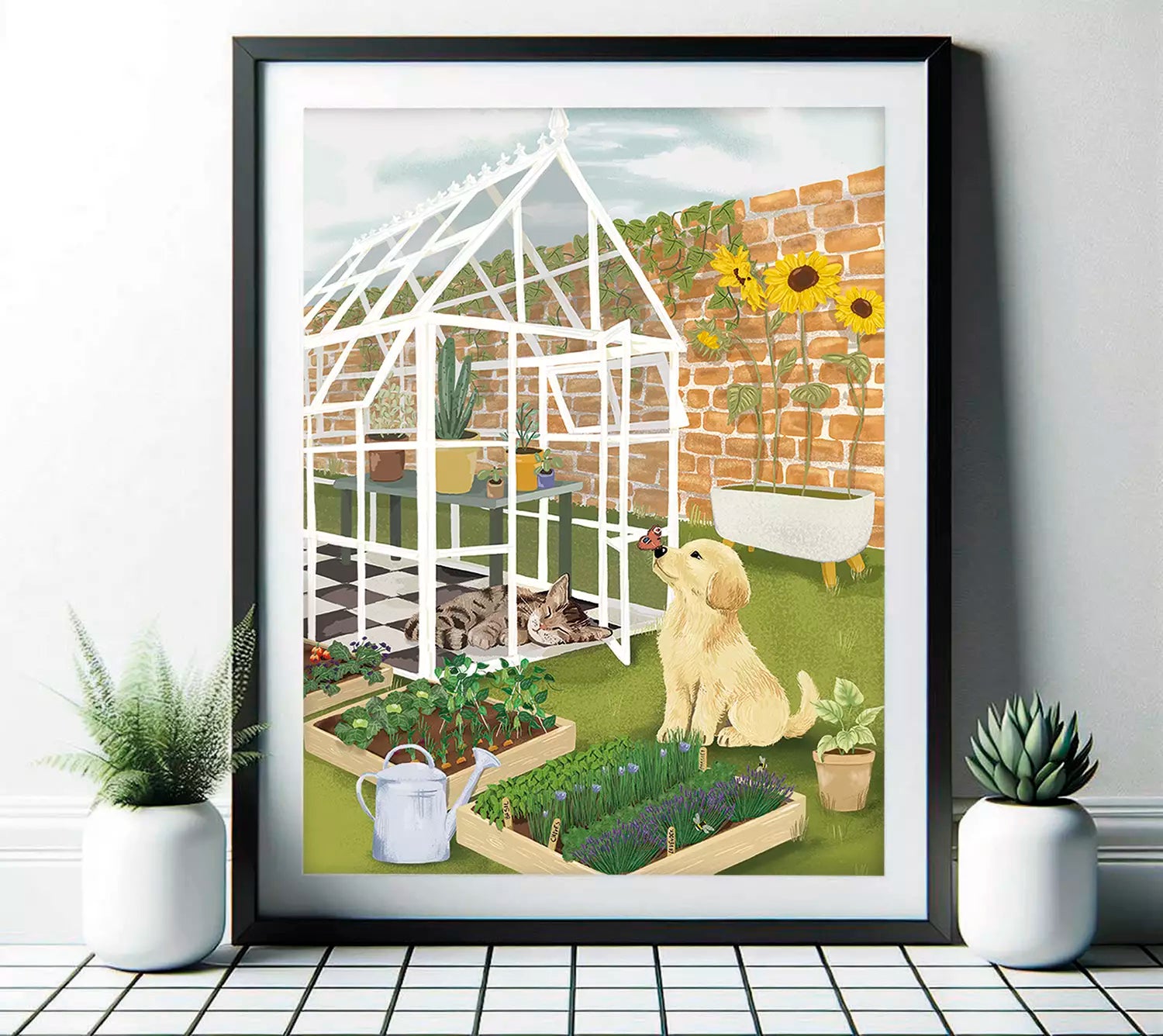 Cat and Dog Garden Print - Vegetables and Herbs - Golden Retriever - Greenhouse