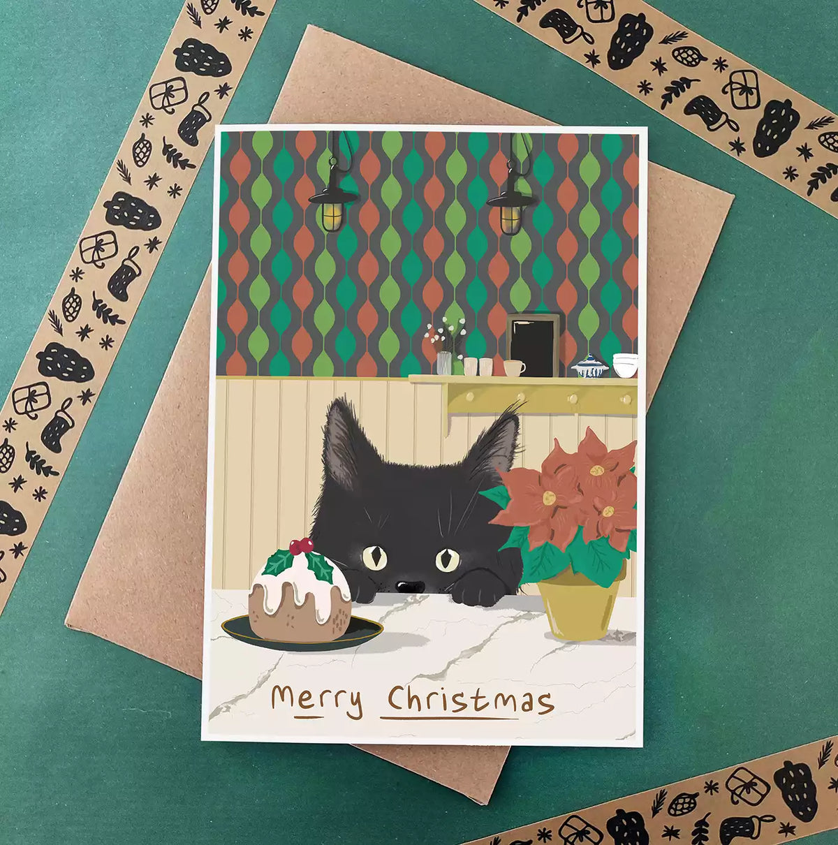 Black Cat Christmas Card - Eco Recycled - Christmas Pudding - Poinsettia