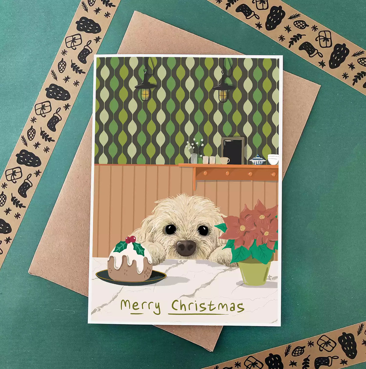 Cockerpoo Dog Christmas Card - Eco Recycled - Christmas Pudding - Poinsettia - Doodle